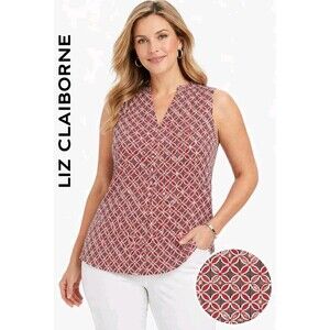 LIZ CLAIBORNE Womens L Stretch Sleeveless Abstract V-Neck Red White Black Top